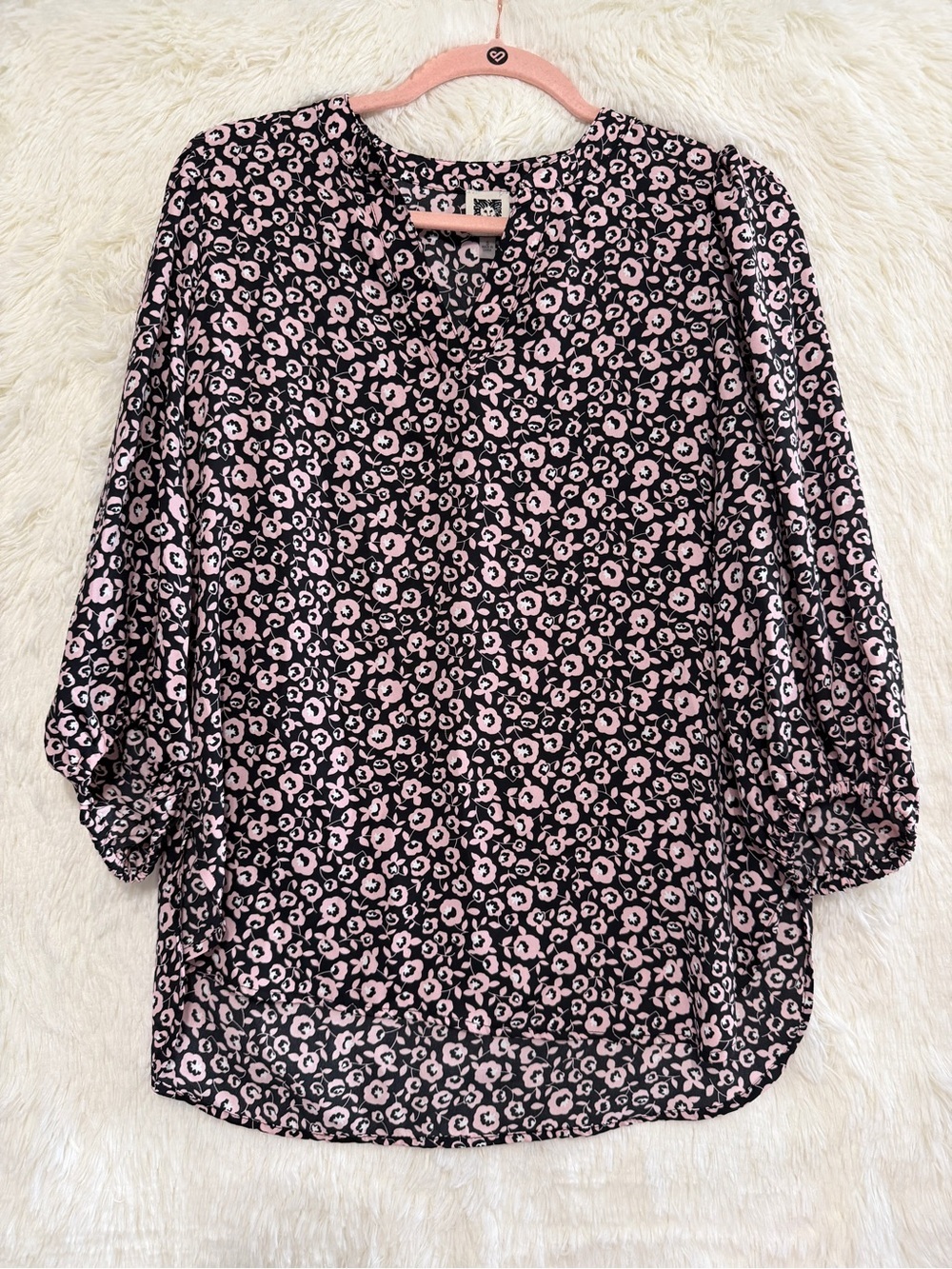 Anne Klein Womens Floral Puff Sleeve V-Neck Blouse S Black Pink Office Mature